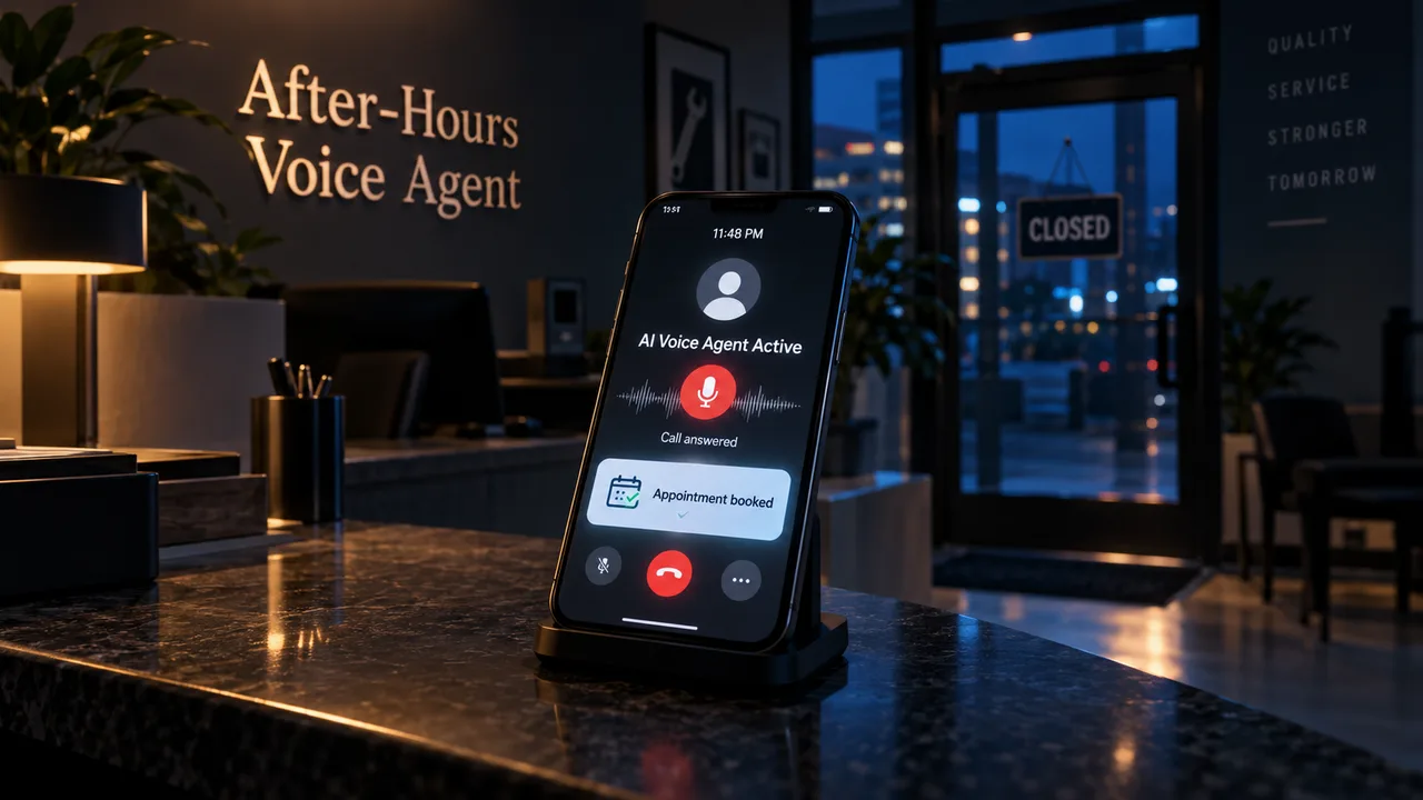 A phone at a closed reception desk at night, an AI voice agent answering a call and booking an appointment.