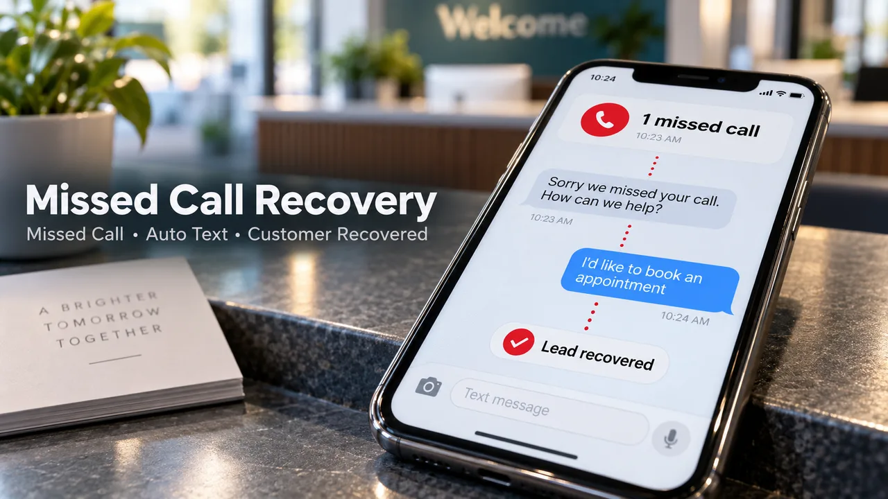 A phone on a reception counter showing a missed call answered by an automatic text, ending in a booked appointment.