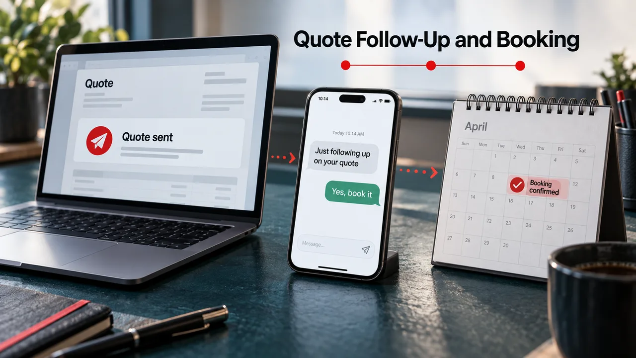 A laptop, phone and calendar showing a sent quote followed up by text and confirmed as a booking.
