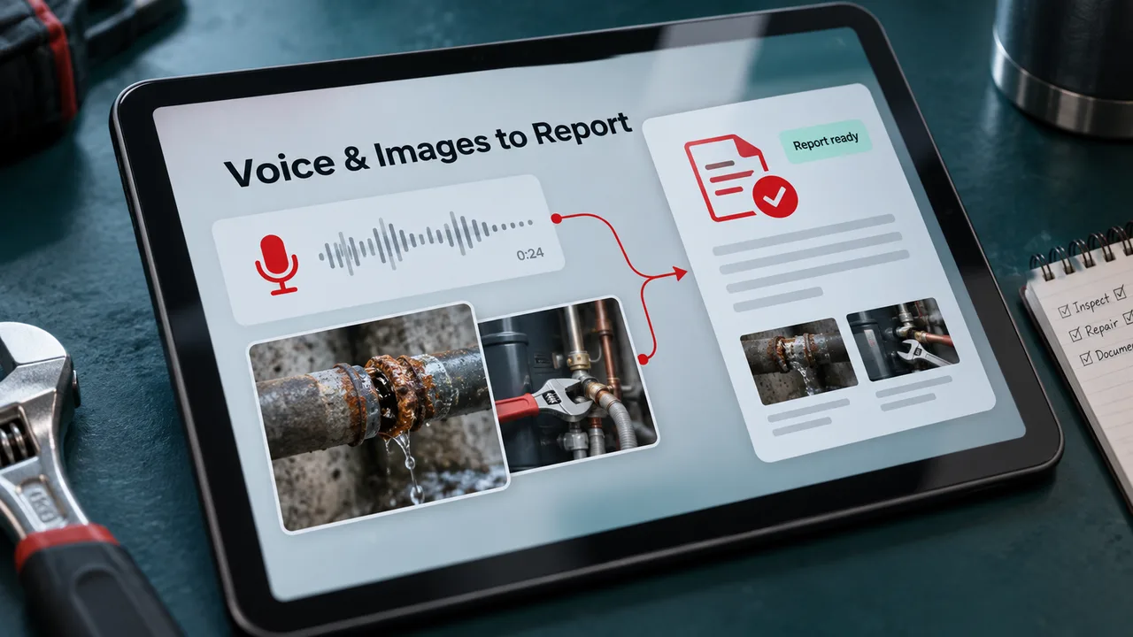 A tablet on a workbench turning a technician's voice note and repair photos into a structured report.