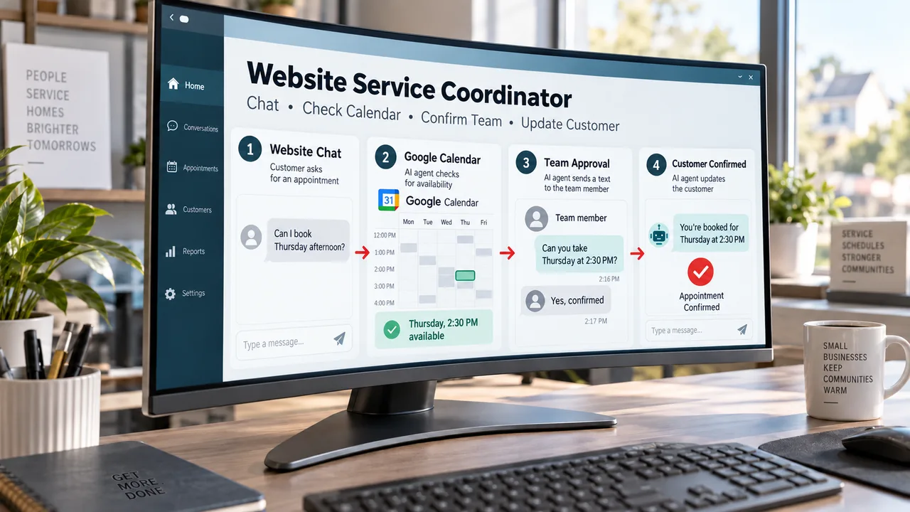 A desktop screen showing a website chat that checks a calendar, confirms with a team member, and books the visit.